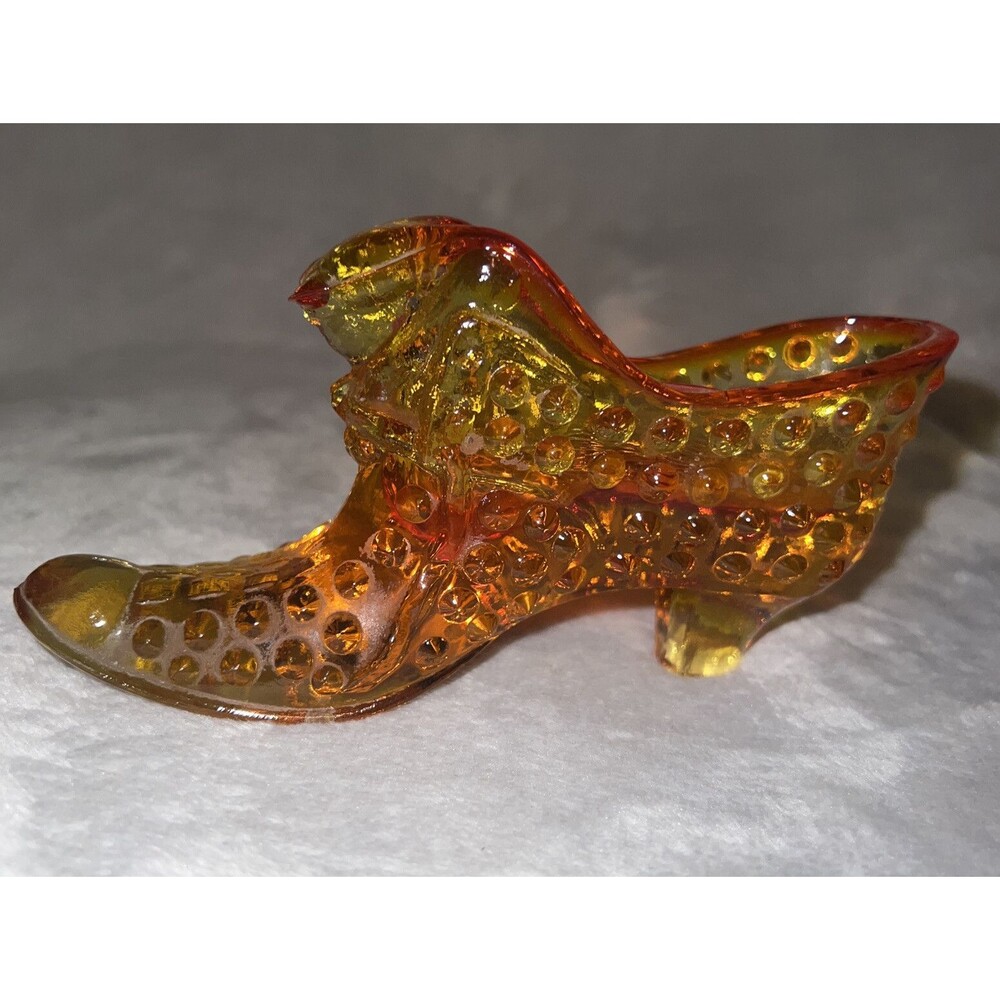 Vintage Fenton Art Glass Amber   Hobnail Cat Head Boot Slipper Shoe